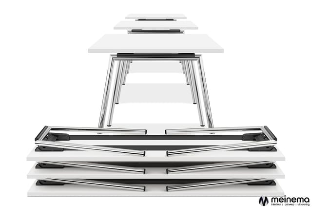 Vergadertafel met uitneembare onderdelen: tafelblad, poten, bedrading en accessoires in aluminium en grijs, onderdeel uit elk
