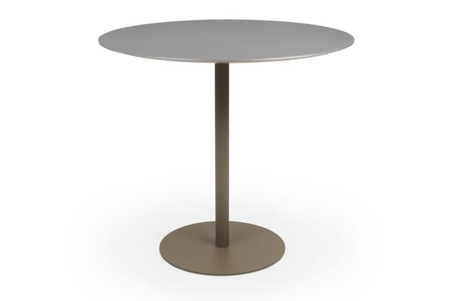 Ronde tafel met grijs blad en grijsbruine centrale voet op grijsbruine ronde voetplaat.