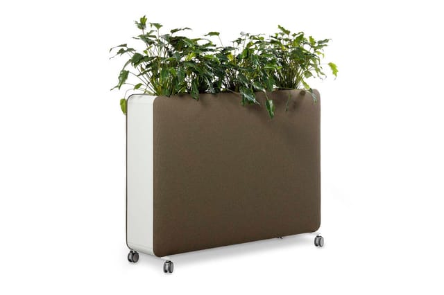 Pillow Space mobiele plantenbak met bruine stoffering, akoestische roomdivider op wielen voor kantoor