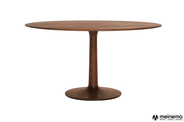 Ronde houten vergadertafel met donkerbruin voet en blad, tafelblad in ovale vorm, centraal voetstuk.
