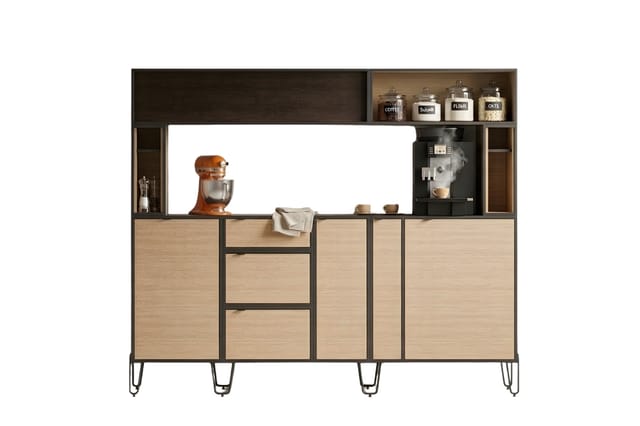 Moderne keukenmodule met houten fronten, donker bovenkader, ingebouwde koffiemachine, opbergvakken en decoratieve potjes met
