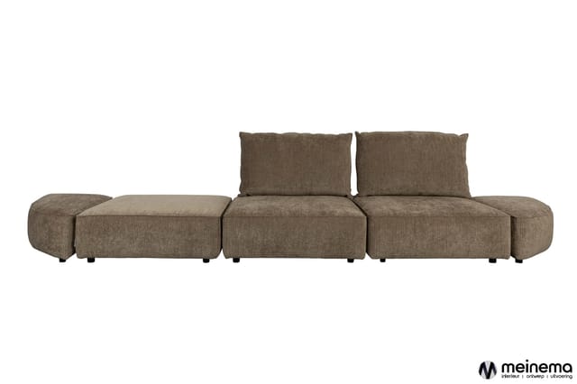 Modulaire bruingrijs ribfluweel bank met afgeronde zijdelen en twee losse rugkussens, uitgestekt design