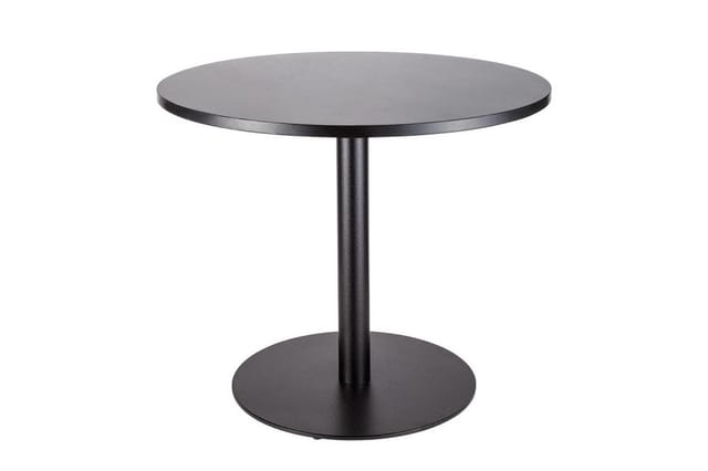 Zwarte ronde bistrotafel met zwarte voet en rond grondvlak, minimalistisch design.